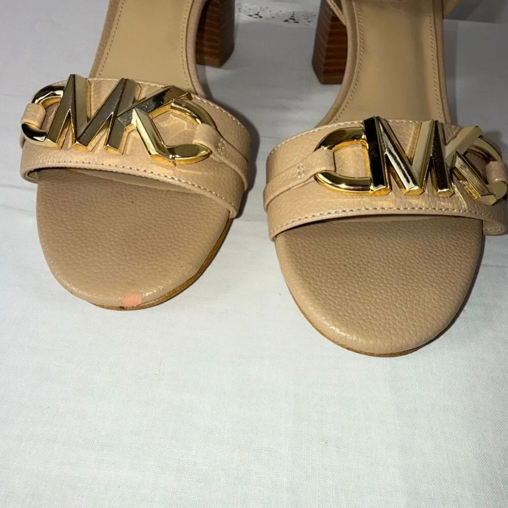 Michael Kors Women’s Nude Pebbled Leather Block Heel Sandals Gold MK Accent 3” H
